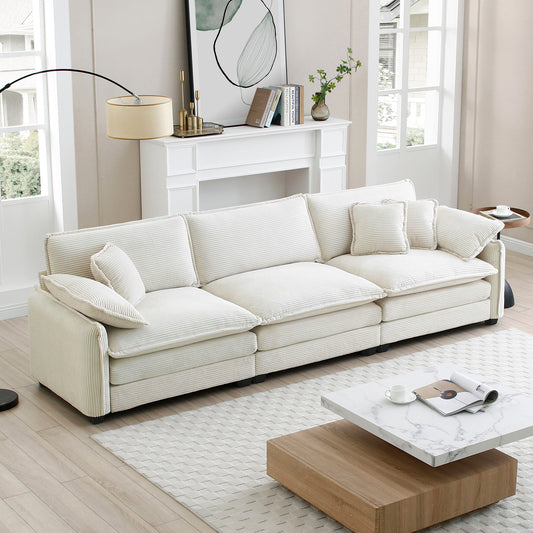 Mid-Century Modern 3-Seater Sectional Sofa with 2 Arm Pillows and 3 Throw Pillows, Beige Corduroy Fabric