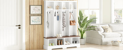 Farmhouse Hall Tree with 8 Hooks, Practical Entryway Bench with Open Compartments, 76.7"H Modern 3-in-1 Wooden Style Coat and Shoe Rack for Mudroom, Living Room, White (OLD SKU: N721S000075K)