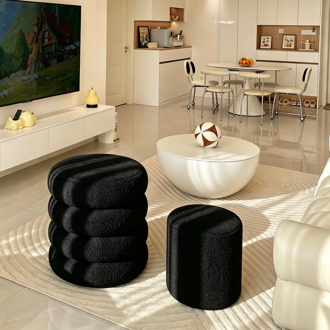 Round Ottoman with Storage Boucle Ottoman (Black)   Storage Removable Lid for Living Room Modern Vanity Sorage Stool Foot Rest Bedroom Set of 2