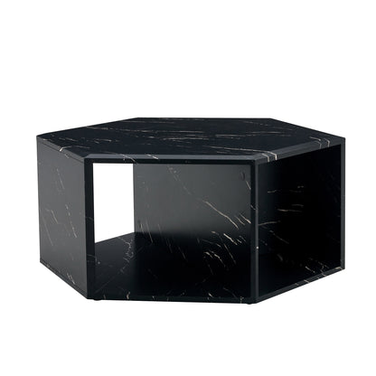 Hexagonal MDF Coffee Table with Characteristic Pattern Stickers and Multi-Hole Design for Extra Storage in Black