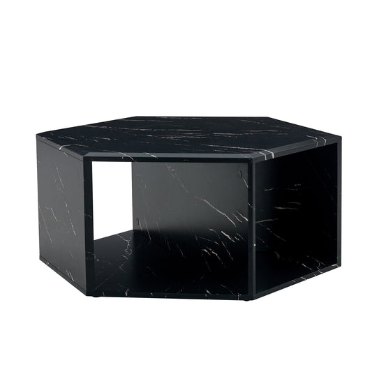 Hexagonal MDF Coffee Table with Characteristic Pattern Stickers and Multi-Hole Design for Extra Storage in Black