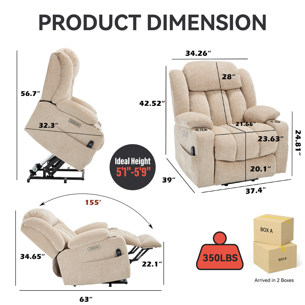 Up to 350 LBS Chenille Power Lift Recliner Chair, Heavy Duty Motion Mechanism with 8-Point Vibration Massage and Lumbar Heating, USB and Type-C Ports, Stainless Steel Cup Holders, Beige