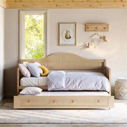 Twin Solid Wood Daybed with Drawer Rolling Trundle, Multi-Purpose Single Sofa Bed for Bedroom Living Room,Natural
