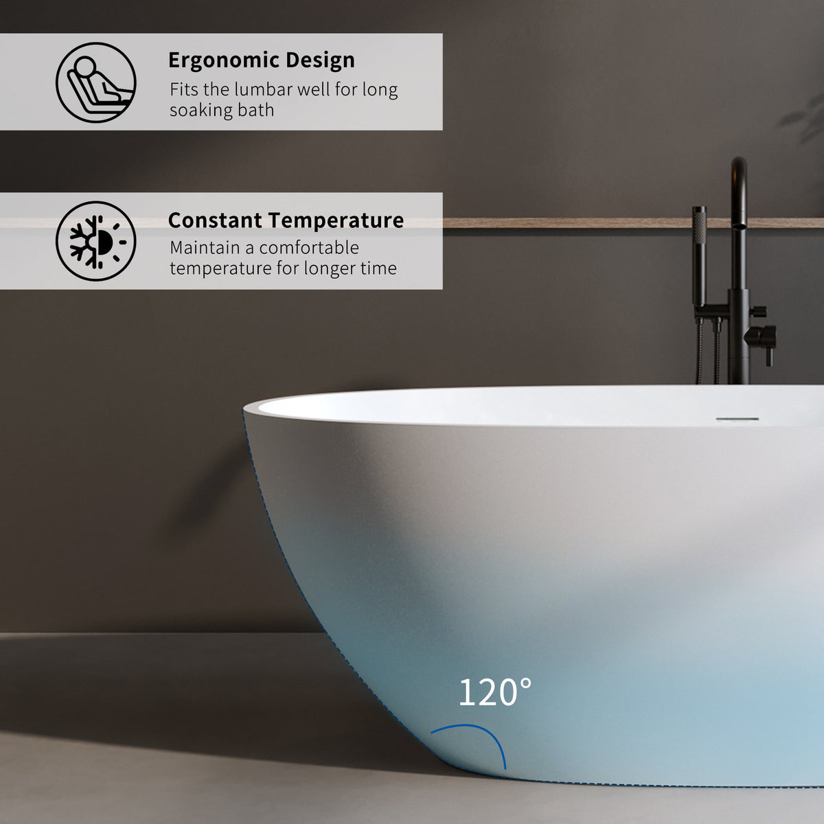 70.8″Solid Surface Matte Tub, Solid Surface Soaking Tub, Stone Resin Freestanding Bathtub, Thick Edge Stand Alone Tubs with Overflow
