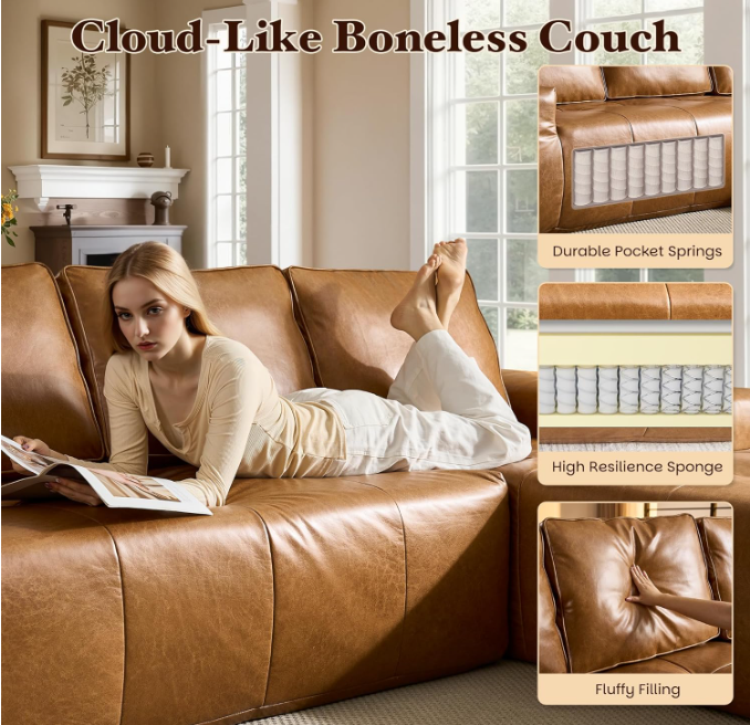 Boneless Couches for Living Room, Brown Faux Leather Cloud Sectional Couches with Chaise, Deep Seat L Shaped Modular Sofa, No Assembly Required Sofas in a Box(Right,Faux Leather,Brown)