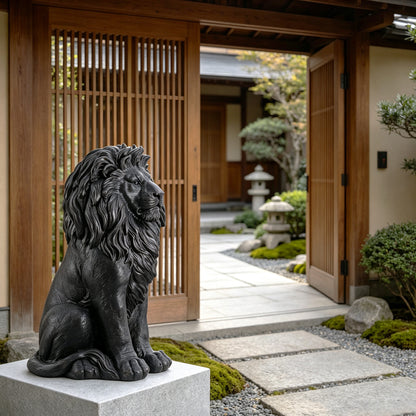 24.61' Black Sitting Lion Statue, Magnesium Oxide Stone Composite Animal Sculpture Statue Decor for Front Door, Yard Patio Garden, Matte Black Finish, Ideal Gift for Housewarming & Estate Decoration