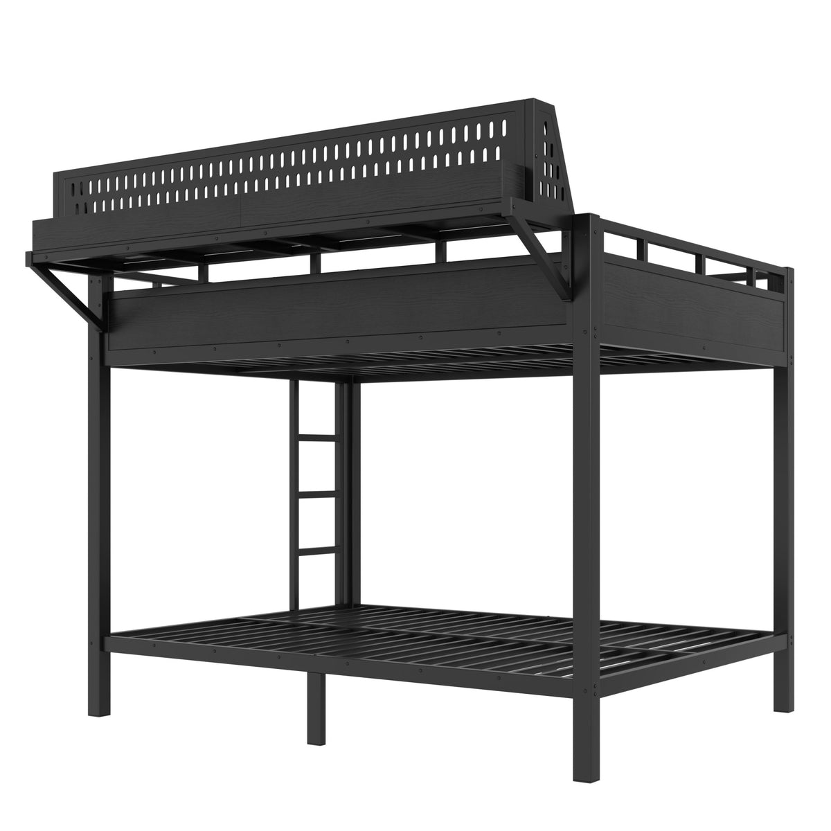 Queen over Queen Size Metal Bunk Bed with Storage Shelves and Pegboard, Bunk Bed Frame with USB Ports and LED Lights, Space-Saving, for Teens and Adults, Black