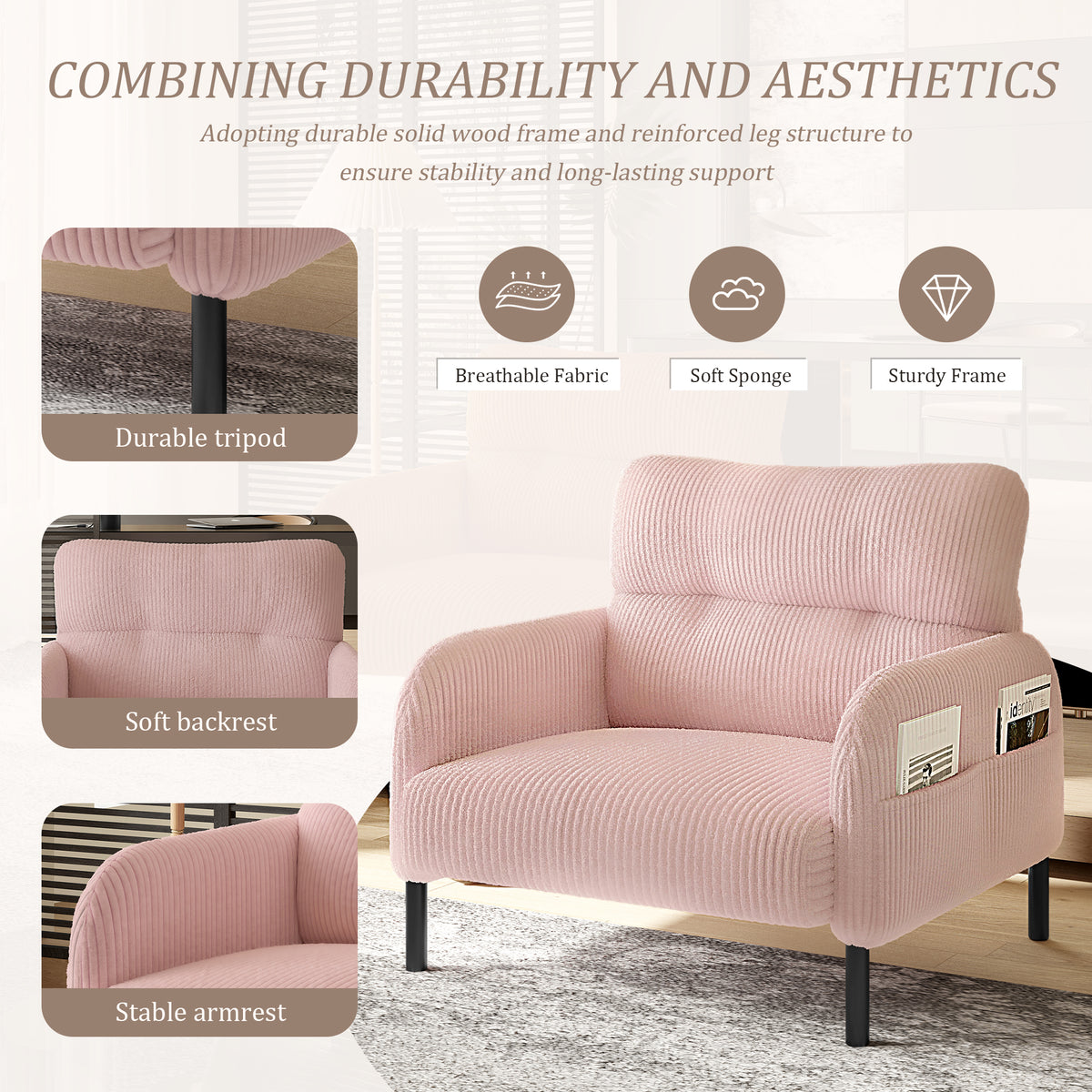 UNITED WE WIN corduroy fabric, comfortable monochrome single person wide seat chair, suitable for living rooms and bedrooms