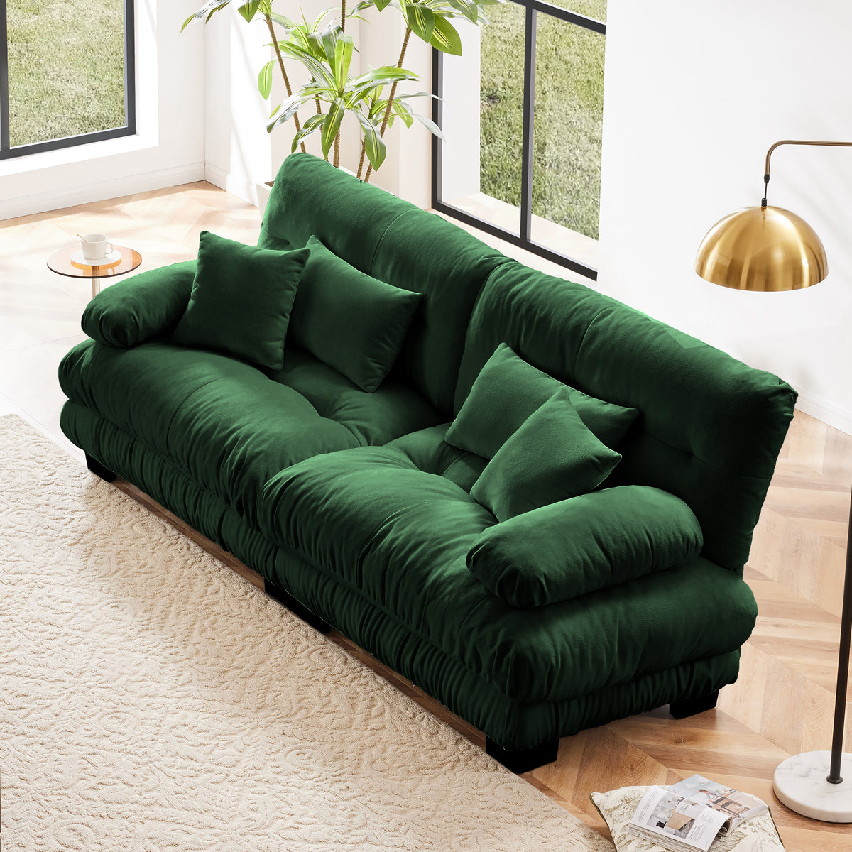 Cloud Couch 2 Seater Sofa, Chenille 2 - Seat sofa with 2 Lumbar pillows and 2 throw pillows, Chenille Green