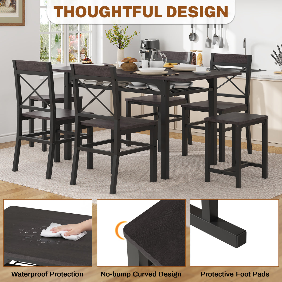 Dining Table Set for 6 with Storage Chairs, Wooden Kitchen Table Set, Farmhouse 5-Piece Dining Room Furniture, Compact Dinette Set for Small Space, Breakfast Nook, Apartment