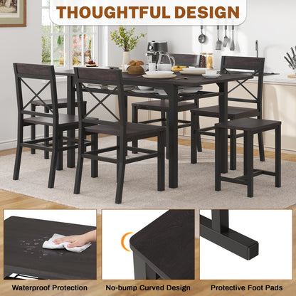 Dining Table Set for 6 with Storage Chairs, Wooden Kitchen Table Set, Farmhouse 5-Piece Dining Room Furniture, Compact Dinette Set for Small Space, Breakfast Nook, Apartment