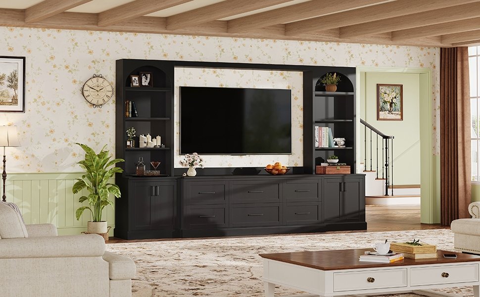 Modern Arched Entertainment Center Wall Unit with 6 Drawers, Farmhouse Large TV Stand with Bookshelves for TVs Up to 70', All-in-One Media Console with Adjustable Shelves for Living Room, Black