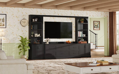 Modern Arched Entertainment Center Wall Unit with 6 Drawers, Farmhouse Large TV Stand with Bookshelves for TVs Up to 70', All-in-One Media Console with Adjustable Shelves for Living Room, Black