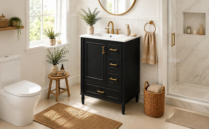 24' Modern Bathroom Vanity with Ceramic Sink, Soft-Close Door, 3 Drawers, Gold Handles, and Door-Mounted Rack for Space-Saving Storage(Old SKU:N729P373272B)