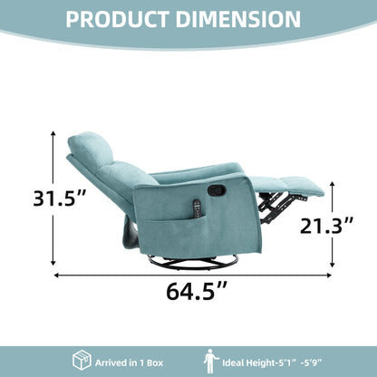 Heat Massage Manual Recliner Chair with Rocker and Swivel in Fabric for Living Room, Blue-Green