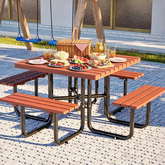 80.8" x 80.8" x 30.3" Square Picnic Table Set, Outdoor Dining Table with Solid Wood Top & Built-in Benches, 882LBS Capacity, Umbrella Hole – For Backyard, Park, Patio