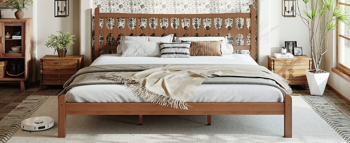 King Size Bamboo Platform Bed with Diamond-shaped headboard, Solid Bamboo-made Bed Frame with Support Slats, for Bedroom, Guest Rooms, Brown