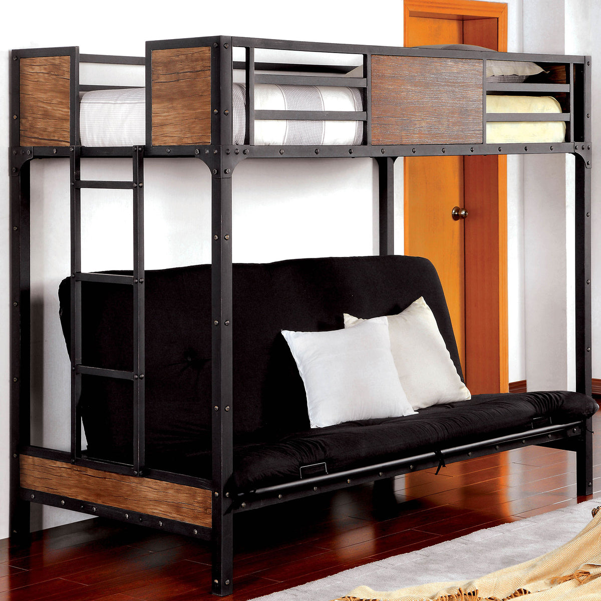 Black Finish Industrial 1pc Twin Bed Attached Ladder Wooden Panels Bedroom Furniture