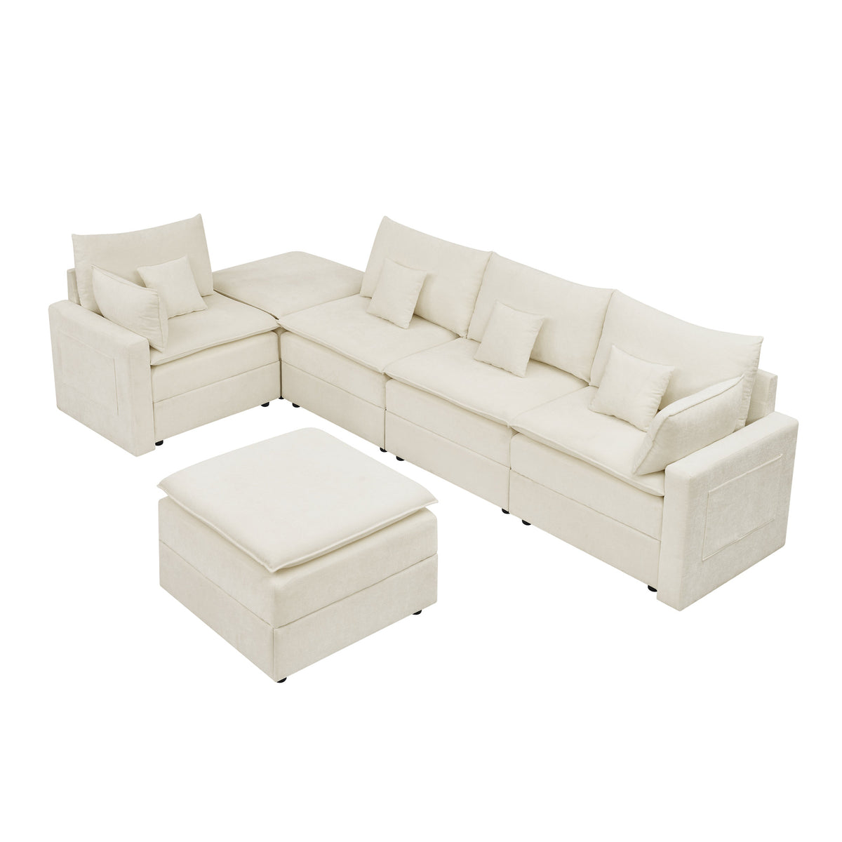 132" Cloud Modular Sectional Sofa, Deep Seat U Shaped Couch with Ottoman, Chenille Upholstered Sofa with Chaise, Plush Cushions, 6 Seat Modern Comfy Couch for Living Room & Apartment, Beige