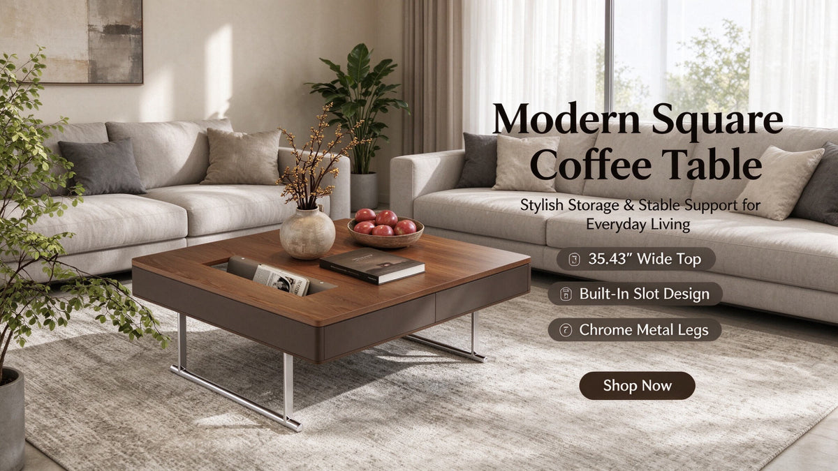 35.43" Square Walnut Coffee Table with Thickened Tabletop, Saddle Leather-Wrapped Edge and Polished Stainless Steel Base, Modern Cocktail Table for Living Room