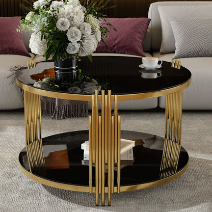 Modern Black Mirror Coffee Table, Asymmetrical Metal, Circular Metal Drum Base, Gold Finish & Lower Shelf