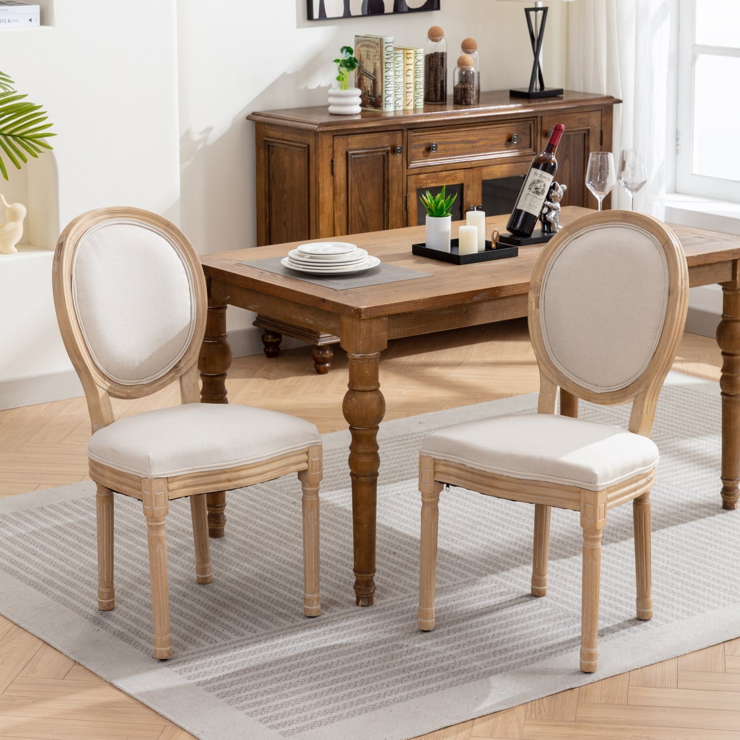 A&A Furniture,French Style Solid Wood Frame Antique Painting Linen Fabric Back Dining Chair,Set of 2,Beige,SW1845BG