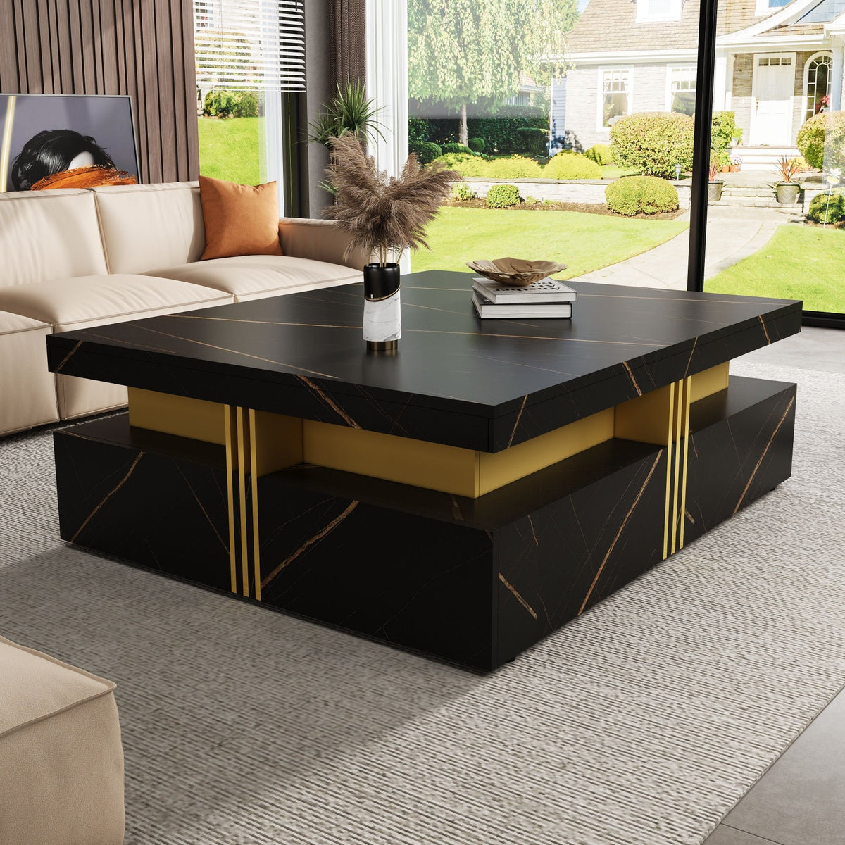 Modern Black Square Storage Coffee Table With 4 Drawers