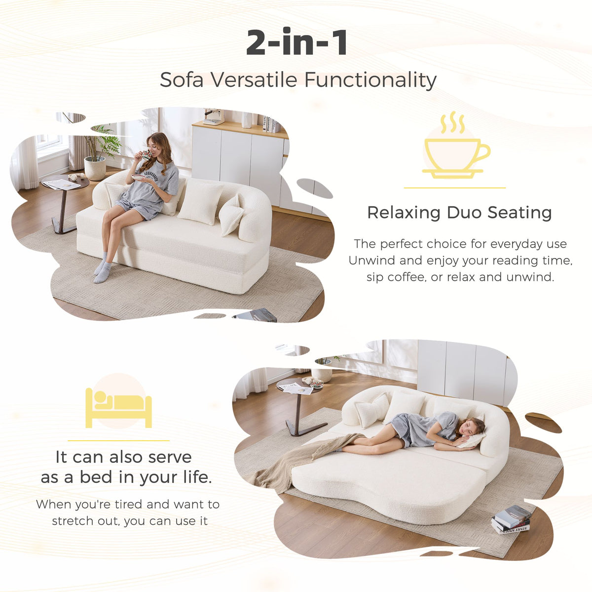 (Old Sku : W2231P392100) 2-in-1 Foldable Sofa Bed,70 Inch Folding Boneless Couch Convertible Compressed Sleeper Sofabed, 4 Pillows for Living Room Apartment, Milk White
