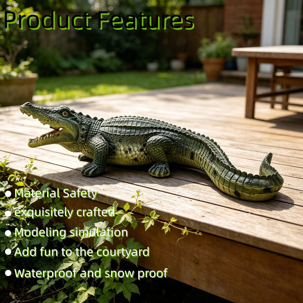 23" Simulated Crocodile Garden Statue, Resin Animal Ornament, Creative Indoor & Outdoor Decor for Garden, Porch, Pond & Backyard