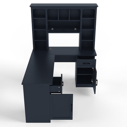 L-Shaped Computer Desk with 2 Cabinets and 2 Drawers, 11 Open Shelves and 1 Right Flip Shelf with Storage, with Power Outlet, Antique Blue