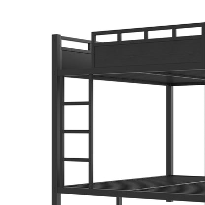 Queen over Queen Size Metal Bunk Bed with Storage Shelves and Pegboard, Bunk Bed Frame with USB Ports and LED Lights, Space-Saving, for Teens and Adults, Black