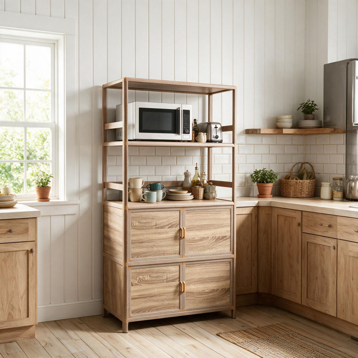 Tall Storage Cabinet with Open Shelving, 35.00" W x 16.73" D x 68.11" H, Freestanding Wood-Grain Aluminum Storage Cabinet with 4-Door Closed Storage for Kitchen, Entryway, Patio & Garage