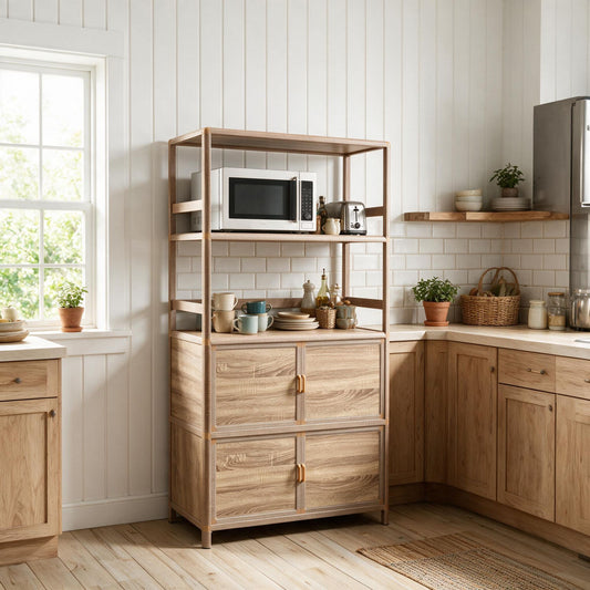 Tall Storage Cabinet with Open Shelving, 35.00" W x 16.73" D x 68.11" H, Freestanding Wood-Grain Aluminum Storage Cabinet with 4-Door Closed Storage for Kitchen, Entryway, Patio & Garage