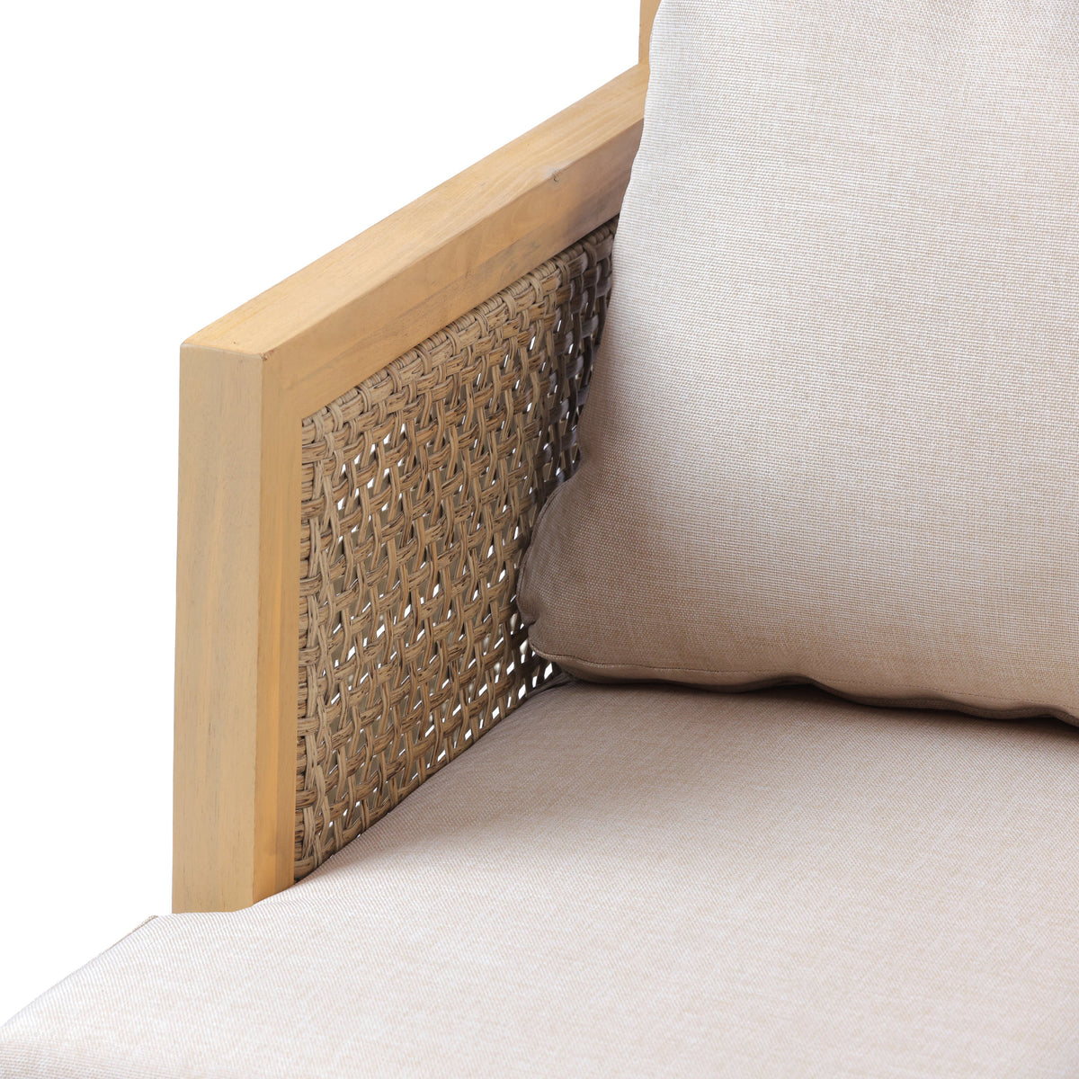 Acacia wood and rattan-woven armrests outdoor club chair with a deep seat and soft cushion, suitable for gardens, backyards, porches, and balconies,Set 2(Light Teak+Light Brown Wicker+Beige Cushion).