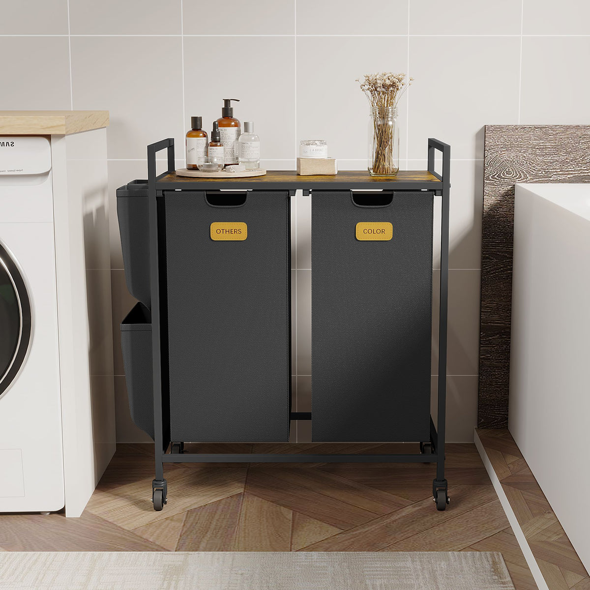 2 Section Laundry Hamper, Laundry Sorter with Wheels, Laundry Basket Organizer with Shelf & 2 Pull-Out Removable Bags, Dirty Clothes Hamper Organizer for Laundry Room Bathroom Dorm ,26.4 gallons(100L)