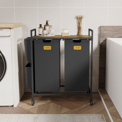 2 Section Laundry Hamper, Laundry Sorter with Wheels, Laundry Basket Organizer with Shelf & 2 Pull-Out Removable Bags, Dirty Clothes Hamper Organizer for Laundry Room Bathroom Dorm ,26.4 gallons(100L)