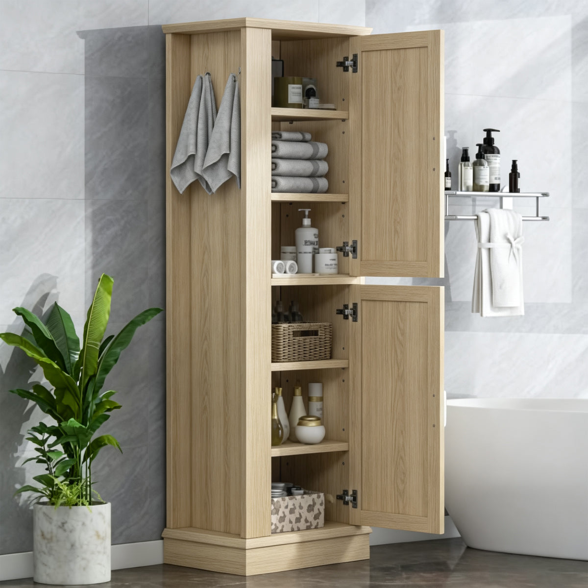Tall Bathroom Storage Cabinet, Freestanding Storage Cabinet with Hook and Adjustable Shelf, MDF Board, Natural
