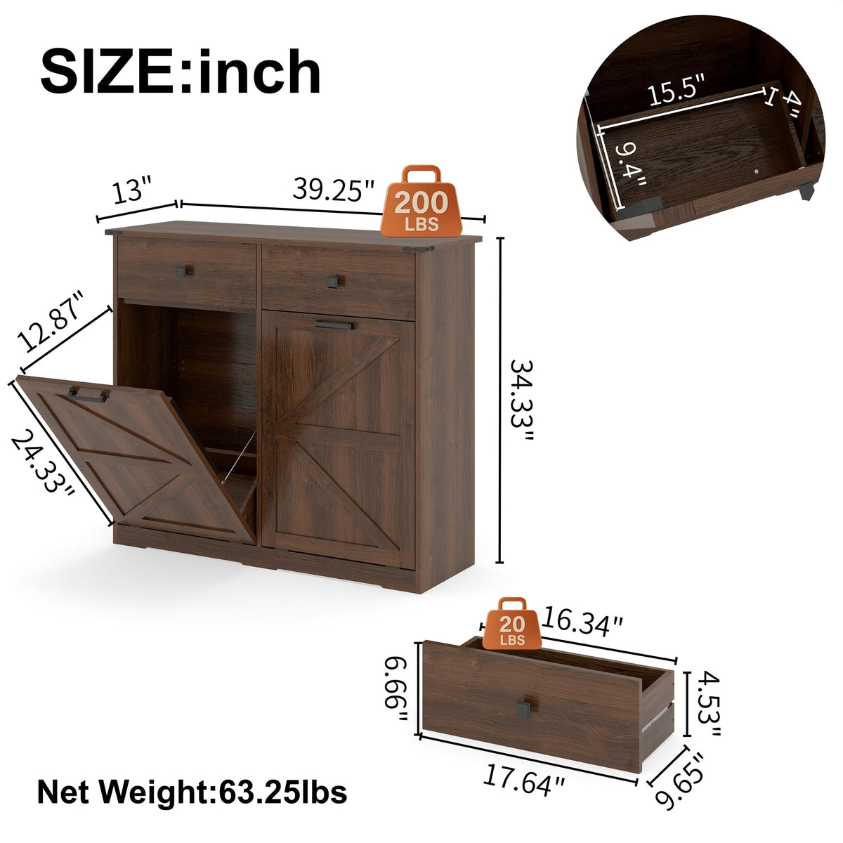 Farmhouse Double Tilt Out Trash Cabinet for 20 Gallon Trash Cans, Free Standing Recycling Cabinet with Hideaway Drawer, Barn Door Style Laundry Sorter Cabinet, Tilt Out Trash Cabinet for Kitchen