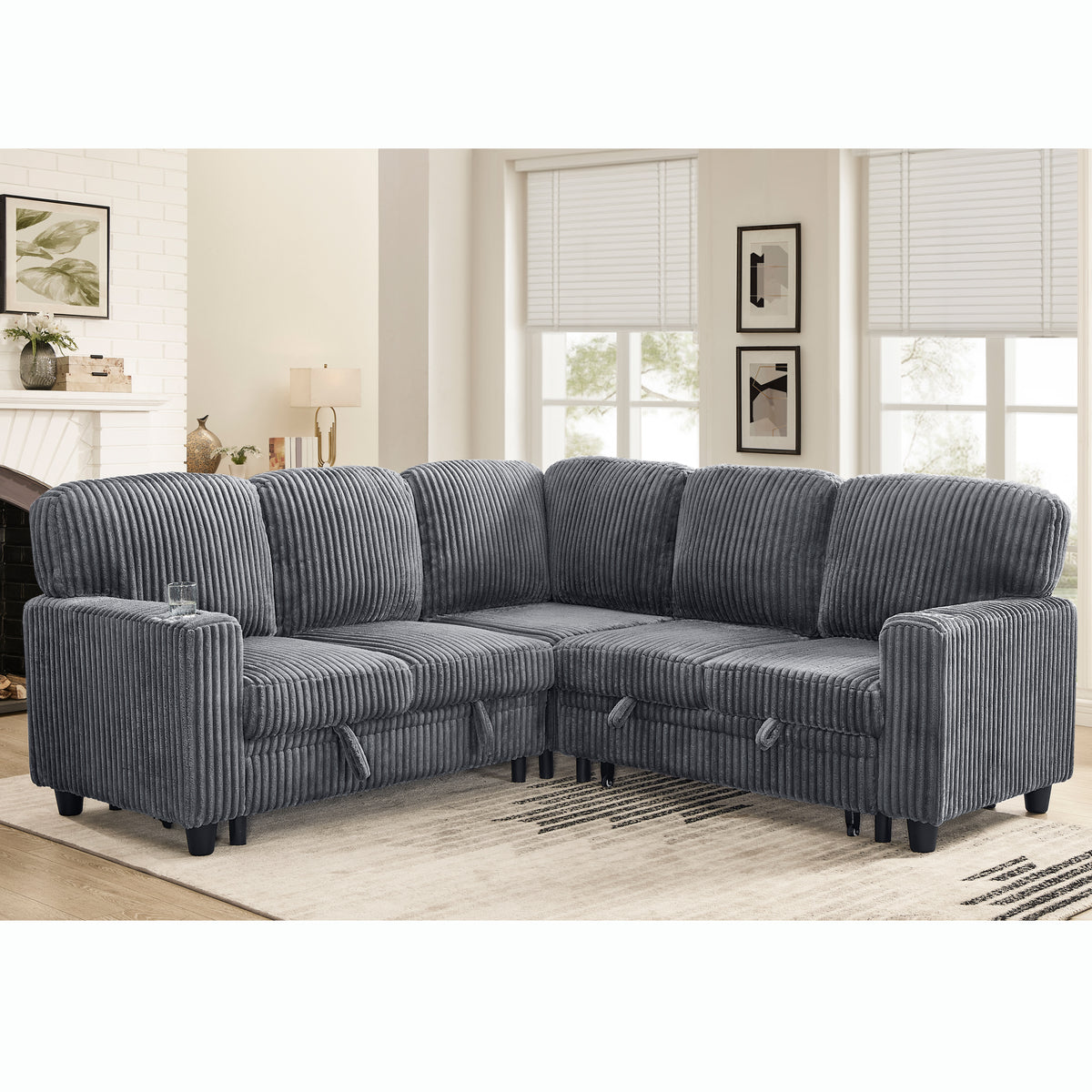 L-Shaped Sectional Sofa Bed with Pull-Out Bed & Storage, 5-Seat Sleeper Couch with USB Charging, Convertible Design, Corduroy Fabric, Grey