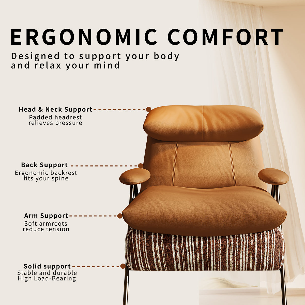 Minimalist casual single chair with solid wood frame, upholstered in leather and chenille fabric. It provides perfectly balanced soft-firm seating comfort and fits balconies, living rooms and bedrooms