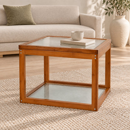 Small Square Coffee Table, Coffee Table with Storage - 2-Tier Real Bamboo & Fluted Glass Coffee Table for Living Room, Natural Living Room Table for Apartment and Small Spaces