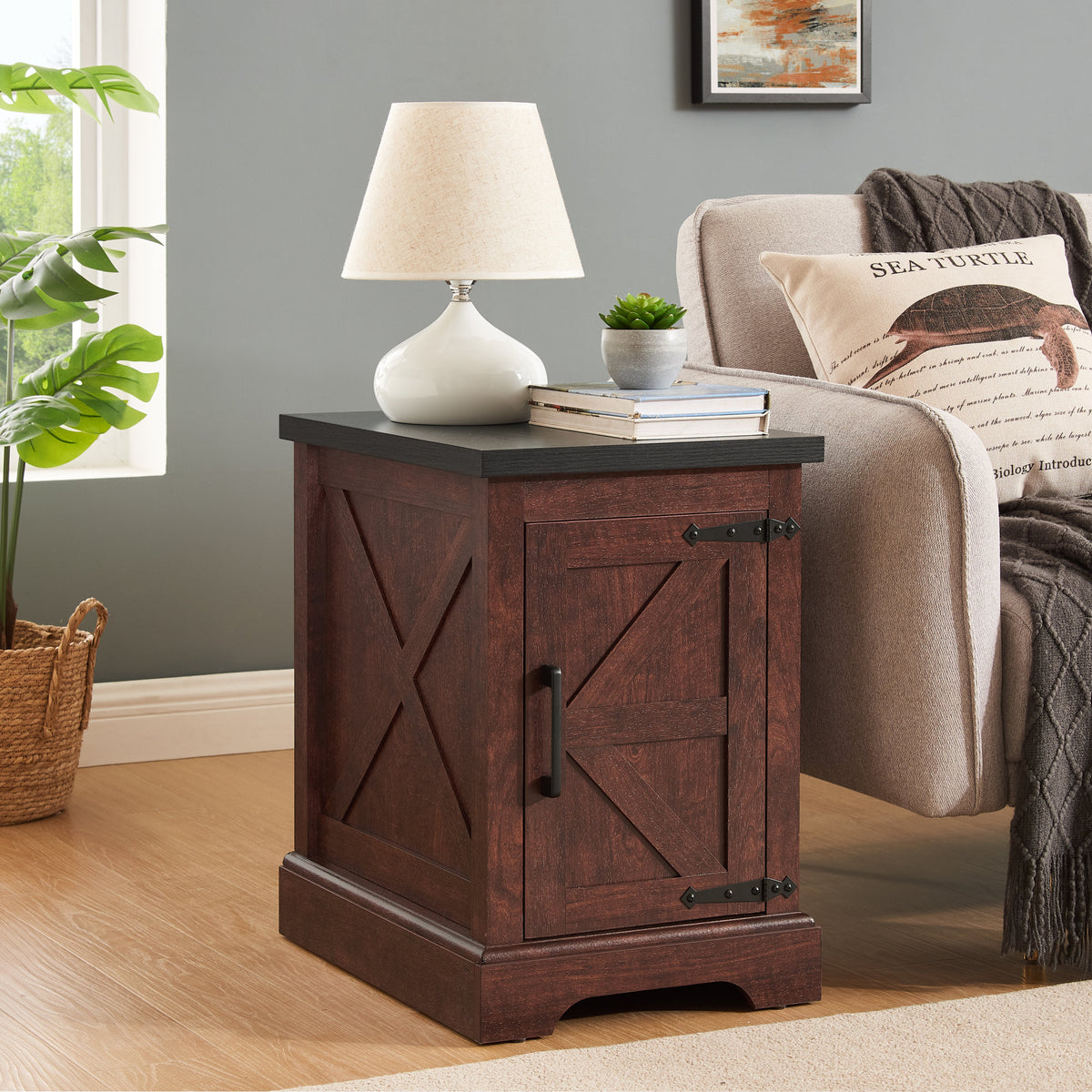 Farmhouse end table Nightstand Rectangular Farmhouse End Table with Barn Door and Adjustable Storage Shelf, Rustic Sofa Side Table, OAK