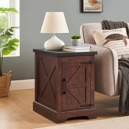 Farmhouse end table Nightstand Rectangular Farmhouse End Table with Barn Door and Adjustable Storage Shelf, Rustic Sofa Side Table, OAK