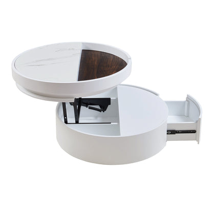 White Round Lift Coffee Table with 1 Drawer in 29.5', Marble Veneer and Wood Grain Tabletop