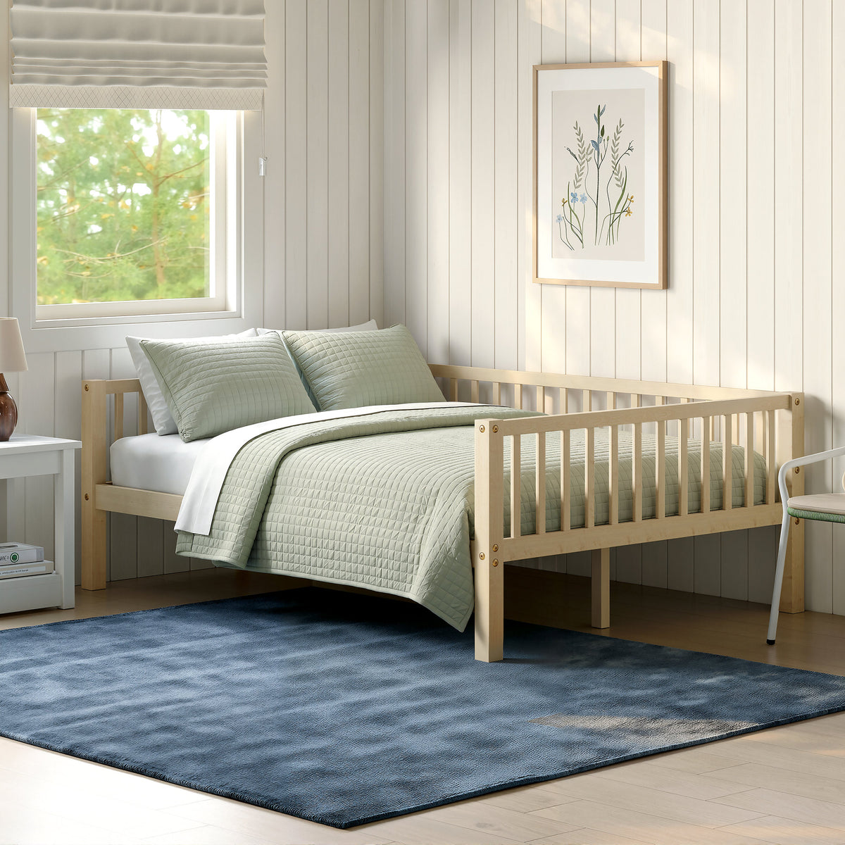 Full Size Daybed, 3-Sided Vertical Slat Guardrail Bed Frame, Breathable Wooden Slat Support Leisure Bed for Home Bedroom,Natural