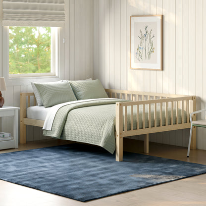 Full Size Daybed, 3-Sided Vertical Slat Guardrail Bed Frame, Breathable Wooden Slat Support Leisure Bed for Home Bedroom,Natural