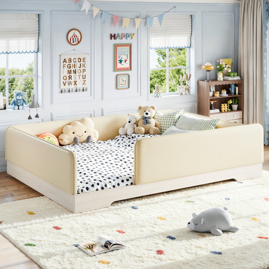Queen Size Upholstered Floor Bed for Kids, Faux　leather Montessori Floor Bed Frame with Removable Guardrails, Low Profile  Platform Bed for Boys Girls,  Beige