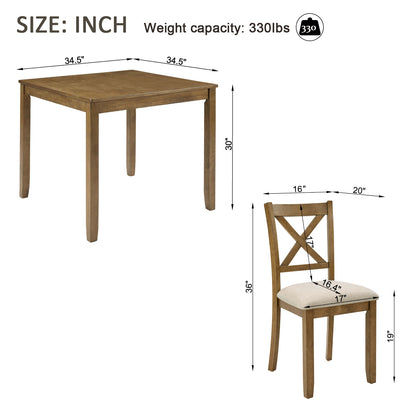 Elegant 5-Piece Oak Dining Table Set for 4 – Modern Wooden Kitchen & Dining Room Furniture with 4 Upholstered Chairs – Space-Saving Square Dining Set for Small Spaces, Living Room & Apartment