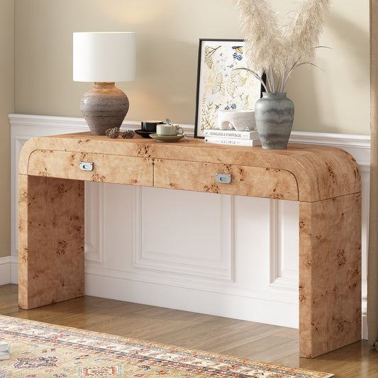 U_STYLE 60''Wooden Entryway Table with Burl Veneer, Console Table with 2 Large Drawers and Metal Handles,Multi-Functional Sofa Table with 2 Sturdy Legs,Suitable for Living Room, Foyer,Hallway, Office – Model N711P216235D