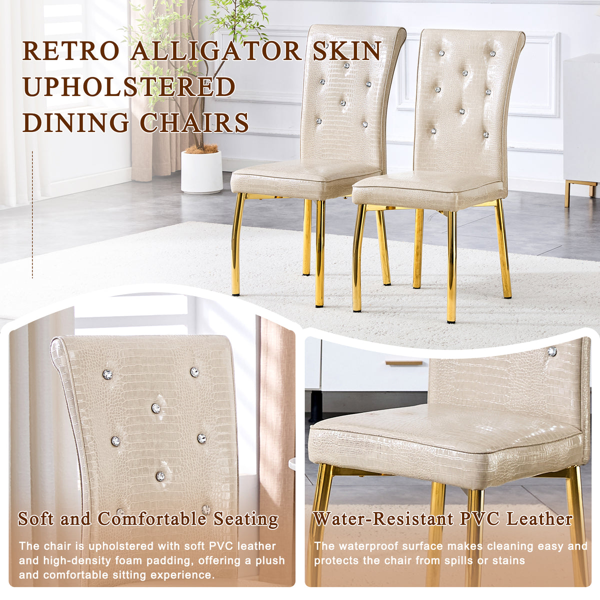 A set of 2 beige and gold vintage crocodile leather cushioned dining chairs, featuring crystal clasp design and artificial leather design, adding a touch of elegance and mystery to the dining area